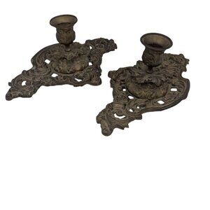 Vintage  Ornate Art Nouveau  candle holders‎ brass 10" x 6  set of 2